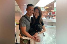 Celebrity couple Qi Yuwu and Joanne Peh at the airport with their children before she flew off to shoot in Canberra.