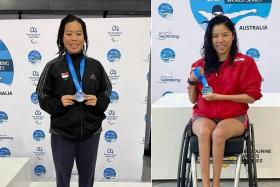 Danielle Moi (left) with her bronze medal and Yip Pin Xiu with her gold medal at the Citi World Para Swimming World Series 2023.