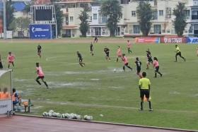 The pitch at Choa Chu Kang Stadium was heavily waterlogged after it rained on March 10, seriously impacting play.