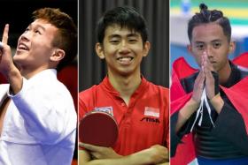 (From left) Noah Lim (jiu-jitsu), Koen Pang (table tennis) and Hazim Yusli (pencak silat) are already looking for their second gold medal.