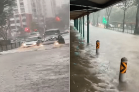 The water level in Boon Lay Avenue almost reached the height of the seats of a bus stop, with vehicles travelling slowly along that road.